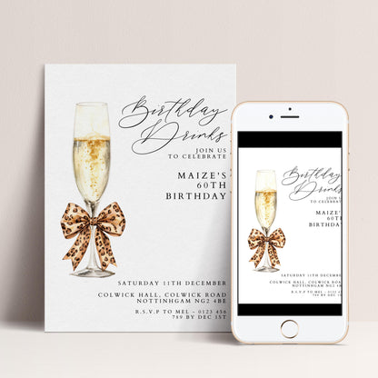 60th Birthday Drinks Invitation, Champagne Party Invite, Leopard Bow 60th Birthday Invite, Glam Birthday Drinks, Editable Corjl