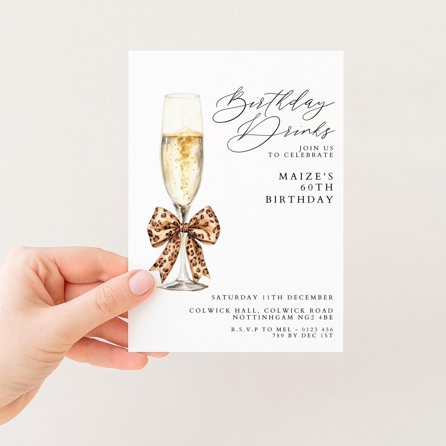 60th Birthday Drinks Invitation, Champagne Party Invite, Leopard Bow 60th Birthday Invite, Glam Birthday Drinks, Editable Corjl
