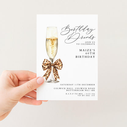 60th Birthday Drinks Invitation, Champagne Party Invite, Leopard Bow 60th Birthday Invite, Glam Birthday Drinks, Editable Corjl