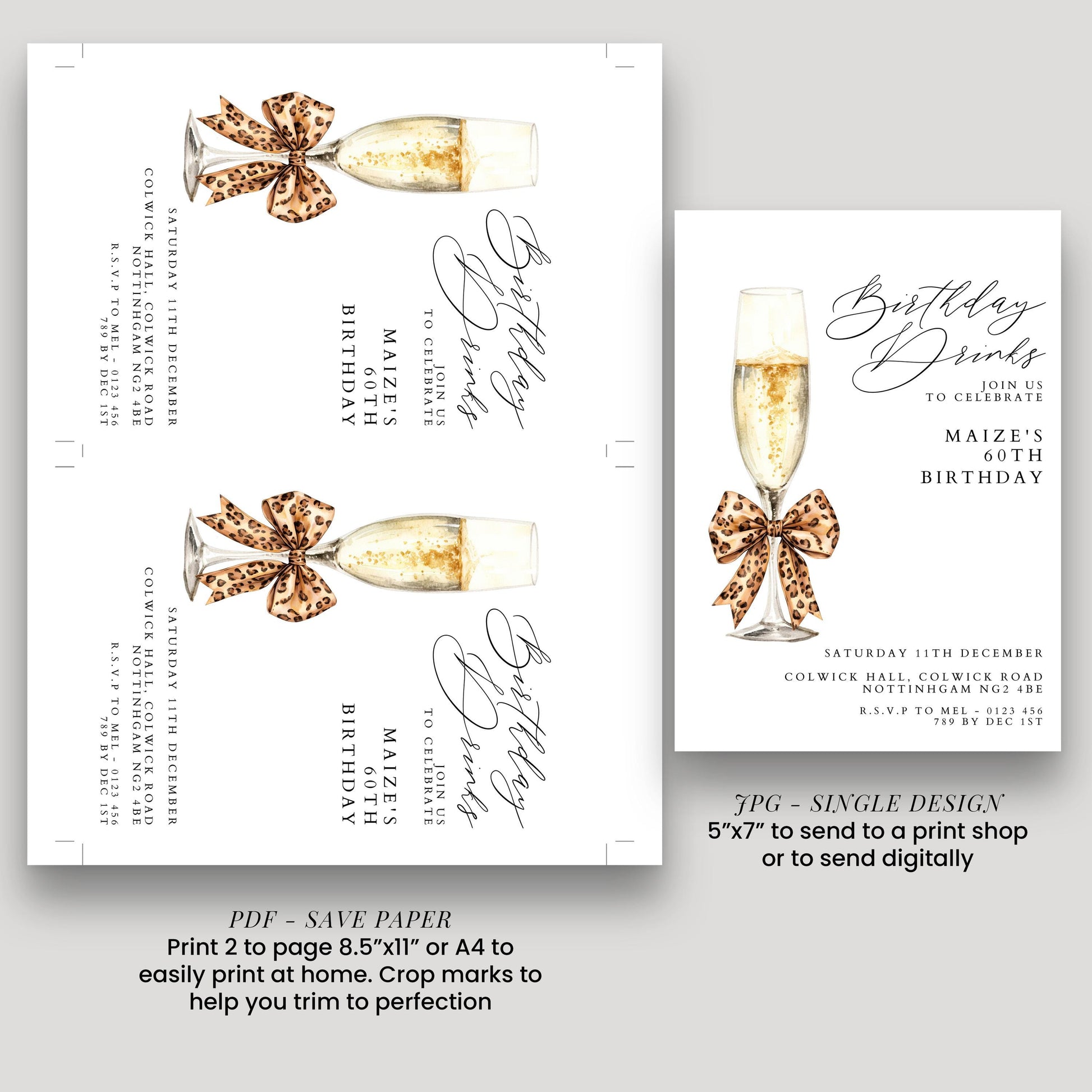 60th Birthday Drinks Invitation, Champagne Party Invite, Leopard Bow 60th Birthday Invite, Glam Birthday Drinks, Editable Corjl