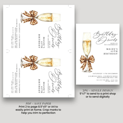 60th Birthday Drinks Invitation, Champagne Party Invite, Leopard Bow 60th Birthday Invite, Glam Birthday Drinks, Editable Corjl