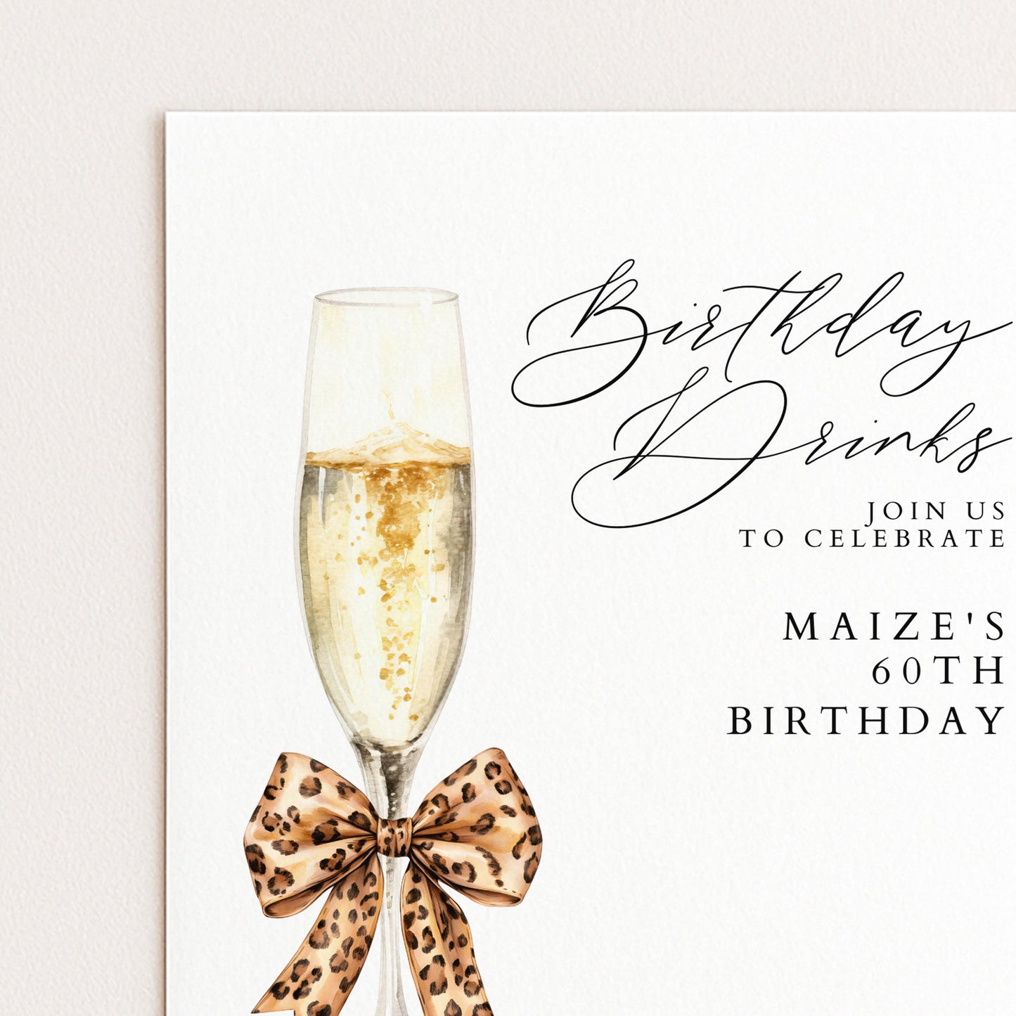60th Birthday Drinks Invitation, Champagne Party Invite, Leopard Bow 60th Birthday Invite, Glam Birthday Drinks, Editable Corjl