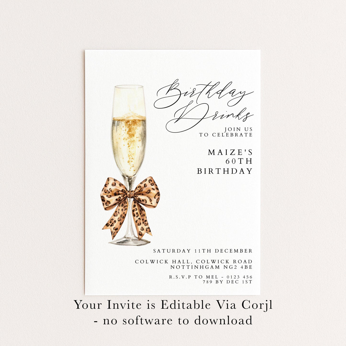 60th Birthday Drinks Invitation, Champagne Party Invite, Leopard Bow 60th Birthday Invite, Glam Birthday Drinks, Editable Corjl