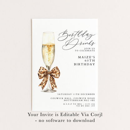 60th Birthday Drinks Invitation, Champagne Party Invite, Leopard Bow 60th Birthday Invite, Glam Birthday Drinks, Editable Corjl