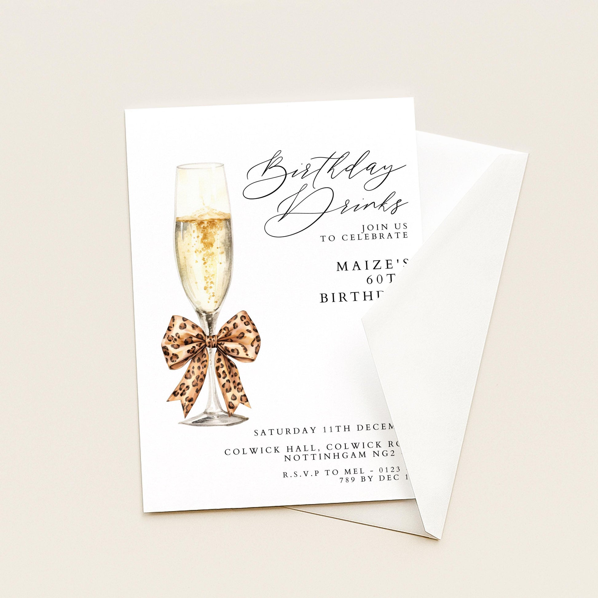 60th Birthday Drinks Invitation, Champagne Party Invite, Leopard Bow 60th Birthday Invite, Glam Birthday Drinks, Editable Corjl