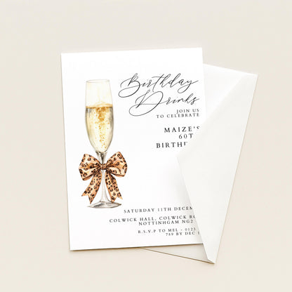 60th Birthday Drinks Invitation, Champagne Party Invite, Leopard Bow 60th Birthday Invite, Glam Birthday Drinks, Editable Corjl