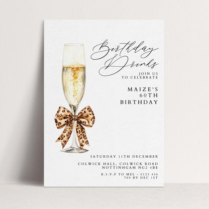 60th Birthday Drinks Invitation, Champagne Party Invite, Leopard Bow 60th Birthday Invite, Glam Birthday Drinks, Editable Corjl