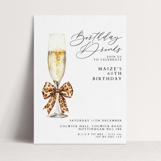 60th Birthday Drinks Invitation, Champagne Party Invite, Leopard Bow 60th Birthday Invite, Glam Birthday Drinks, Editable Corjl
