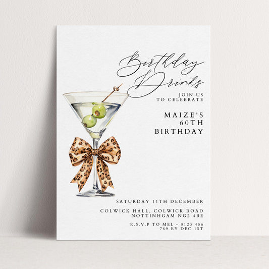 60th Birthday Drinks Invitation, Martini Party Invite, Leopard Bow Birthday Invite, Glam 60th Birthday Party, Editable Corjl