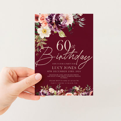 60th Birthday Invitation Any Age All text is editable Party Birthday Invite Burgundy Floral Fig Birthday Invitation 40th birthday 50th 30th