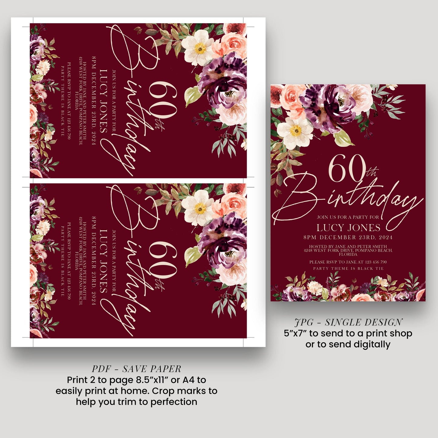 60th Birthday Invitation Any Age All text is editable Party Birthday Invite Burgundy Floral Fig Birthday Invitation 40th birthday 50th 30th