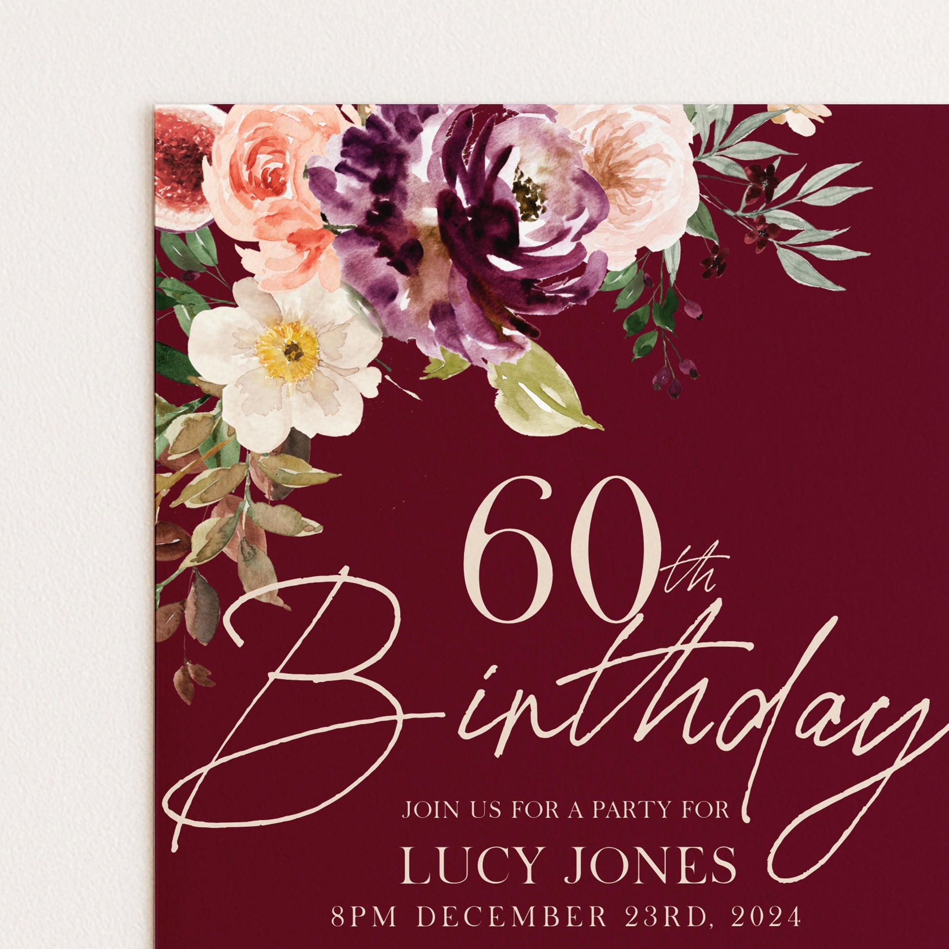 60th Birthday Invitation Any Age All text is editable Party Birthday Invite Burgundy Floral Fig Birthday Invitation 40th birthday 50th 30th