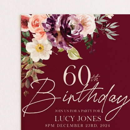 60th Birthday Invitation Any Age All text is editable Party Birthday Invite Burgundy Floral Fig Birthday Invitation 40th birthday 50th 30th