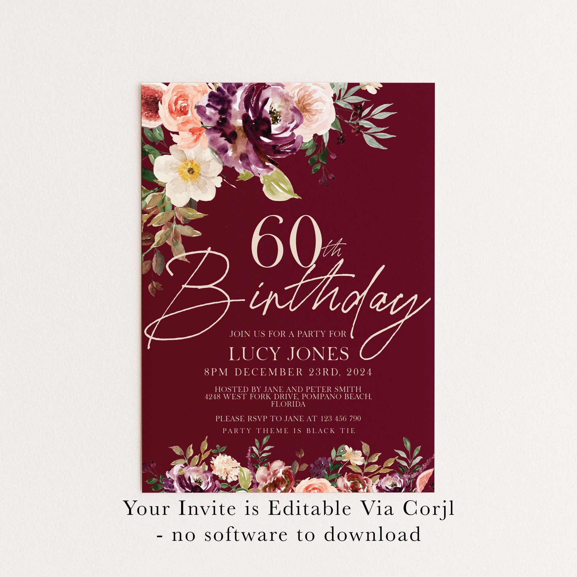 60th Birthday Invitation Any Age All text is editable Party Birthday Invite Burgundy Floral Fig Birthday Invitation 40th birthday 50th 30th