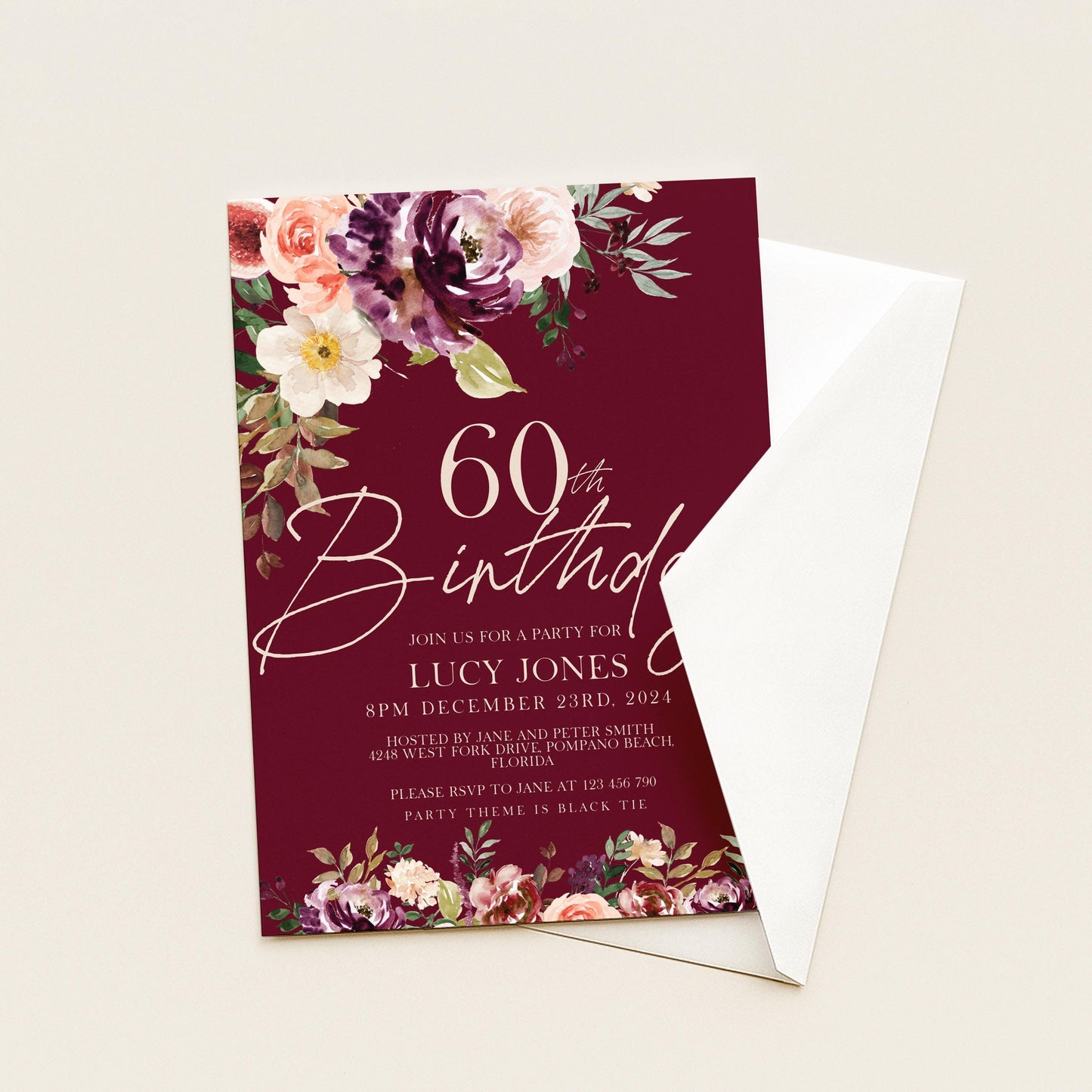 60th Birthday Invitation Any Age All text is editable Party Birthday Invite Burgundy Floral Fig Birthday Invitation 40th birthday 50th 30th