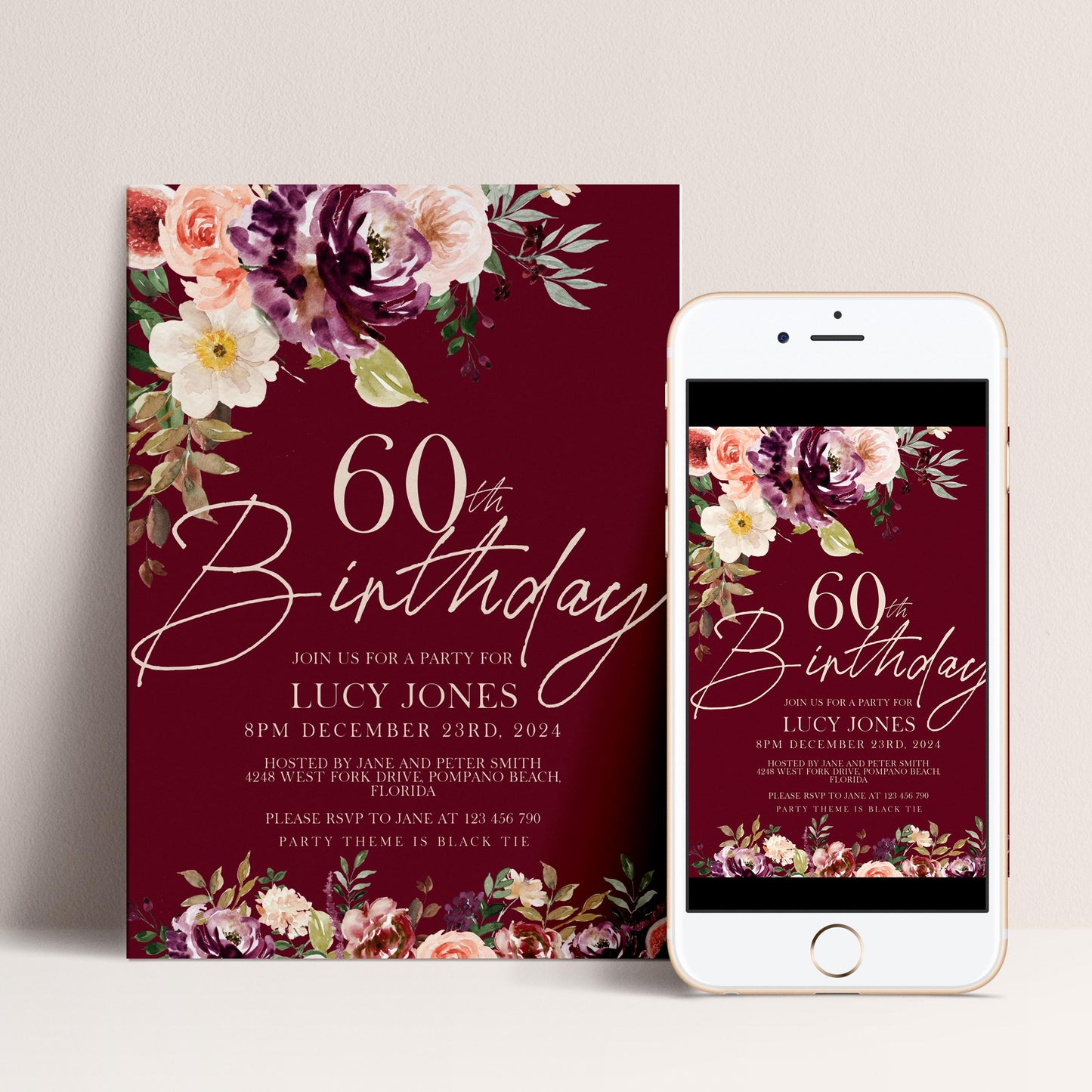 60th Birthday Invitation Any Age All text is editable Party Birthday Invite Burgundy Floral Fig Birthday Invitation 40th birthday 50th 30th