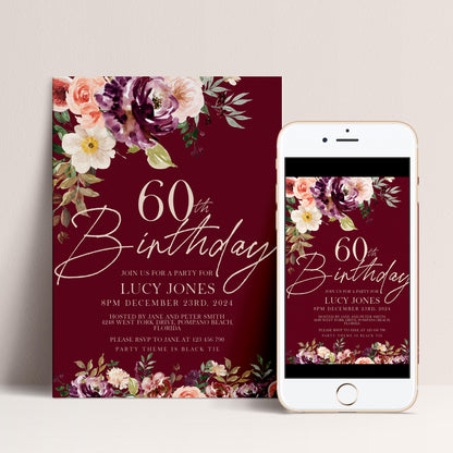 60th Birthday Invitation Any Age All text is editable Party Birthday Invite Burgundy Floral Fig Birthday Invitation 40th birthday 50th 30th