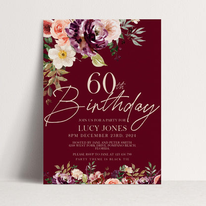 60th Birthday Invitation Any Age All text is editable Party Birthday Invite Burgundy Floral Fig Birthday Invitation 40th birthday 50th 30th