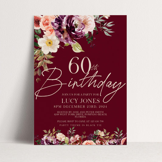 60th Birthday Invitation Any Age All text is editable Party Birthday Invite Burgundy Floral Fig Birthday Invitation 40th birthday 50th 30th