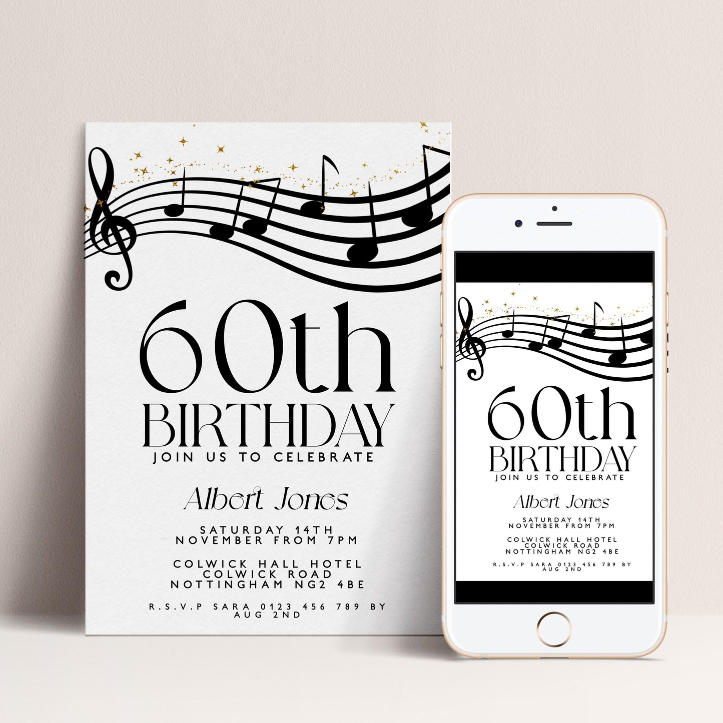 60th Birthday Invitation with Musical Notes, Black and Gold Editable Invite for Men Women Corjl Template, Music Theme Party Digital Download
