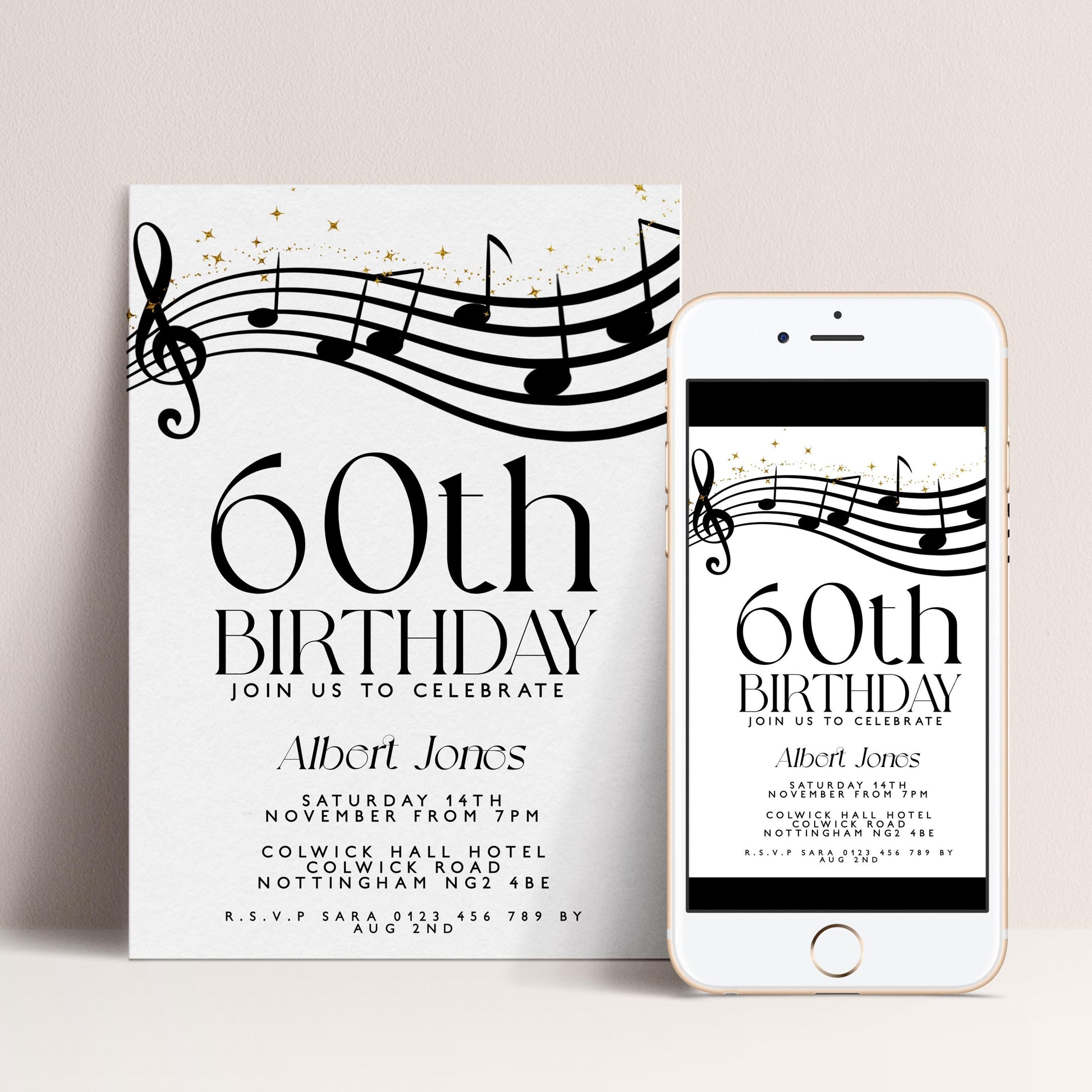 60th Birthday Invitation with Musical Notes, Black and Gold Editable Invite for Men Women Corjl Template, Music Theme Party Digital Download