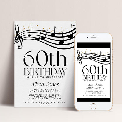 60th Birthday Invitation with Musical Notes, Black and Gold Editable Invite for Men Women Corjl Template, Music Theme Party Digital Download