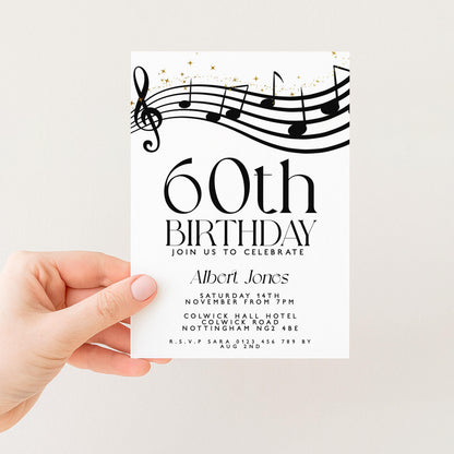 60th Birthday Invitation with Musical Notes, Black and Gold Editable Invite for Men Women Corjl Template, Music Theme Party Digital Download