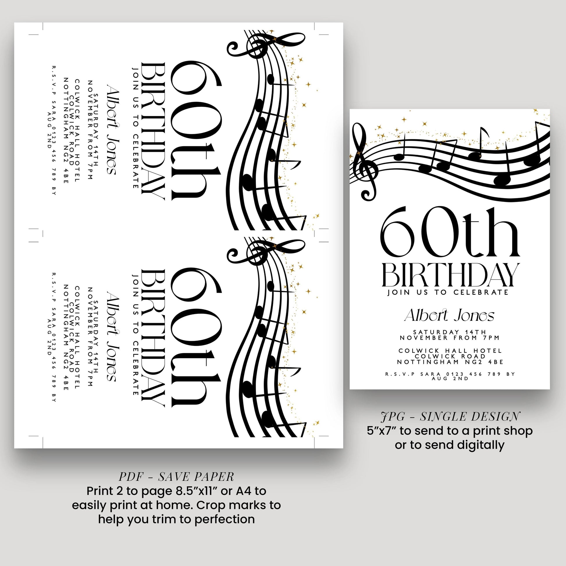 60th Birthday Invitation with Musical Notes, Black and Gold Editable Invite for Men Women Corjl Template, Music Theme Party Digital Download
