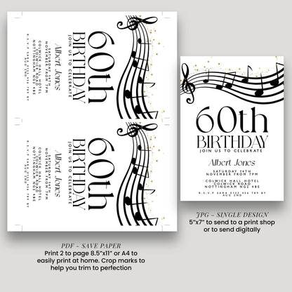 60th Birthday Invitation with Musical Notes, Black and Gold Editable Invite for Men Women Corjl Template, Music Theme Party Digital Download