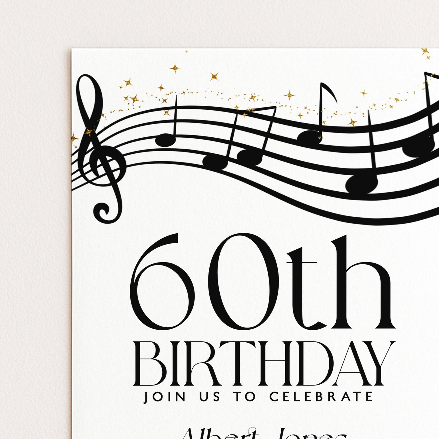 60th Birthday Invitation with Musical Notes, Black and Gold Editable Invite for Men Women Corjl Template, Music Theme Party Digital Download