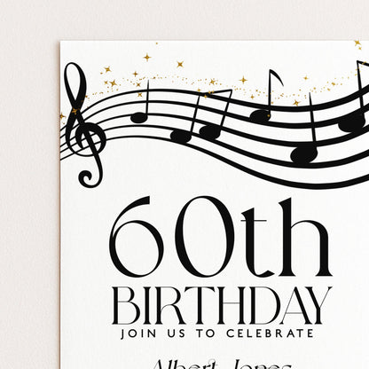 60th Birthday Invitation with Musical Notes, Black and Gold Editable Invite for Men Women Corjl Template, Music Theme Party Digital Download