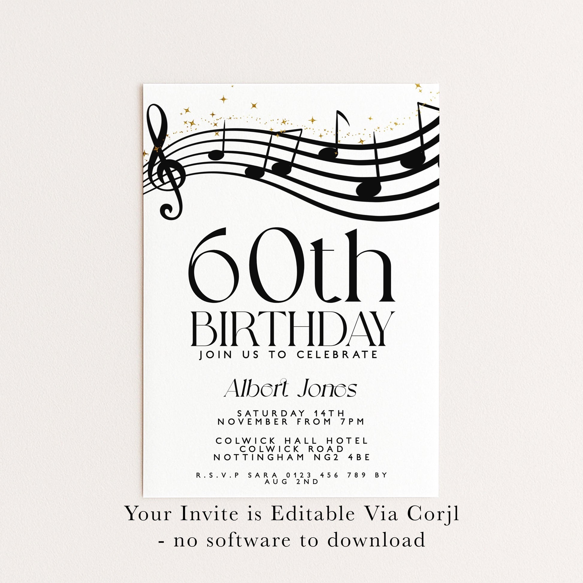 60th Birthday Invitation with Musical Notes, Black and Gold Editable Invite for Men Women Corjl Template, Music Theme Party Digital Download