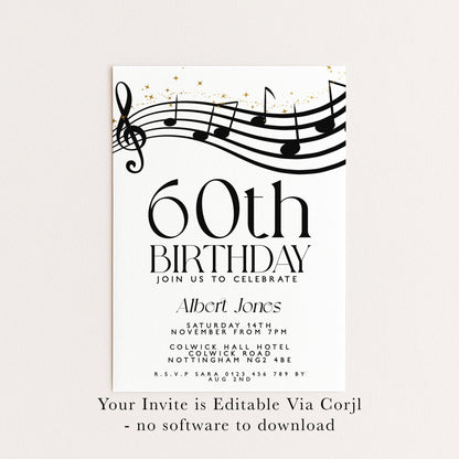 60th Birthday Invitation with Musical Notes, Black and Gold Editable Invite for Men Women Corjl Template, Music Theme Party Digital Download