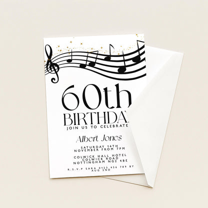 60th Birthday Invitation with Musical Notes, Black and Gold Editable Invite for Men Women Corjl Template, Music Theme Party Digital Download