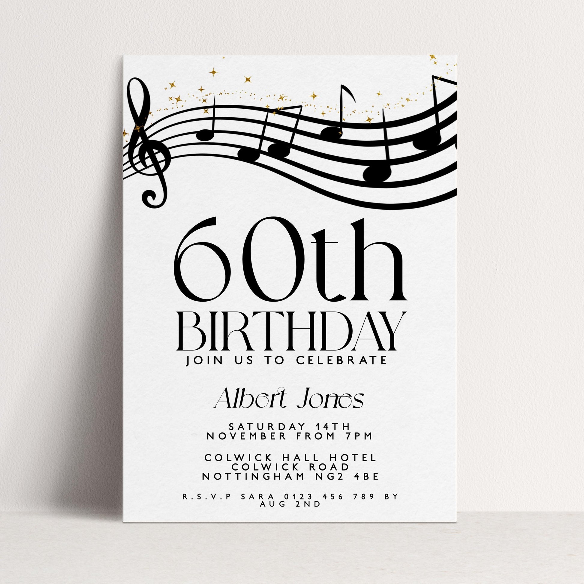 60th Birthday Invitation with Musical Notes, Black and Gold Editable Invite for Men Women Corjl Template, Music Theme Party Digital Download