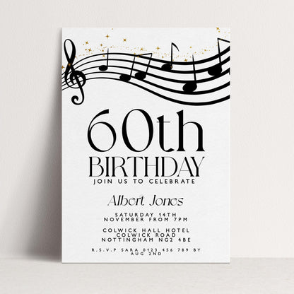60th Birthday Invitation with Musical Notes, Black and Gold Editable Invite for Men Women Corjl Template, Music Theme Party Digital Download