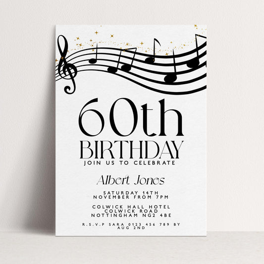 60th Birthday Invitation with Musical Notes, Black and Gold Editable Invite for Men Women Corjl Template, Music Theme Party Digital Download