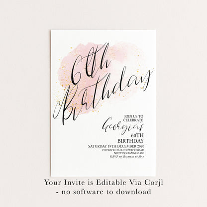 60th Birthday Invitation Editable Printable Rose Gold Blush Birthday Invitation Birthday Invite