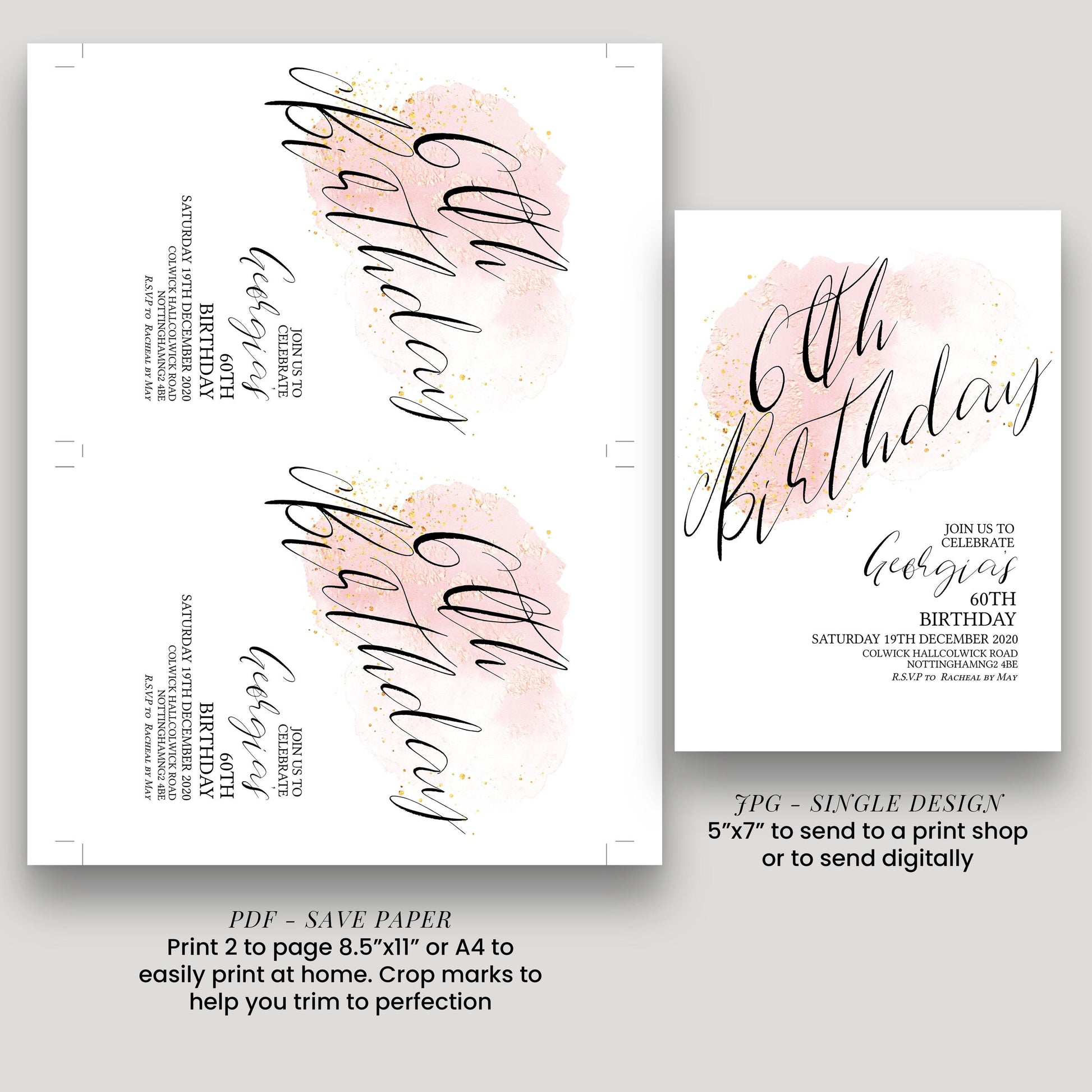 60th Birthday Invitation Editable Printable Rose Gold Blush Birthday Invitation Birthday Invite