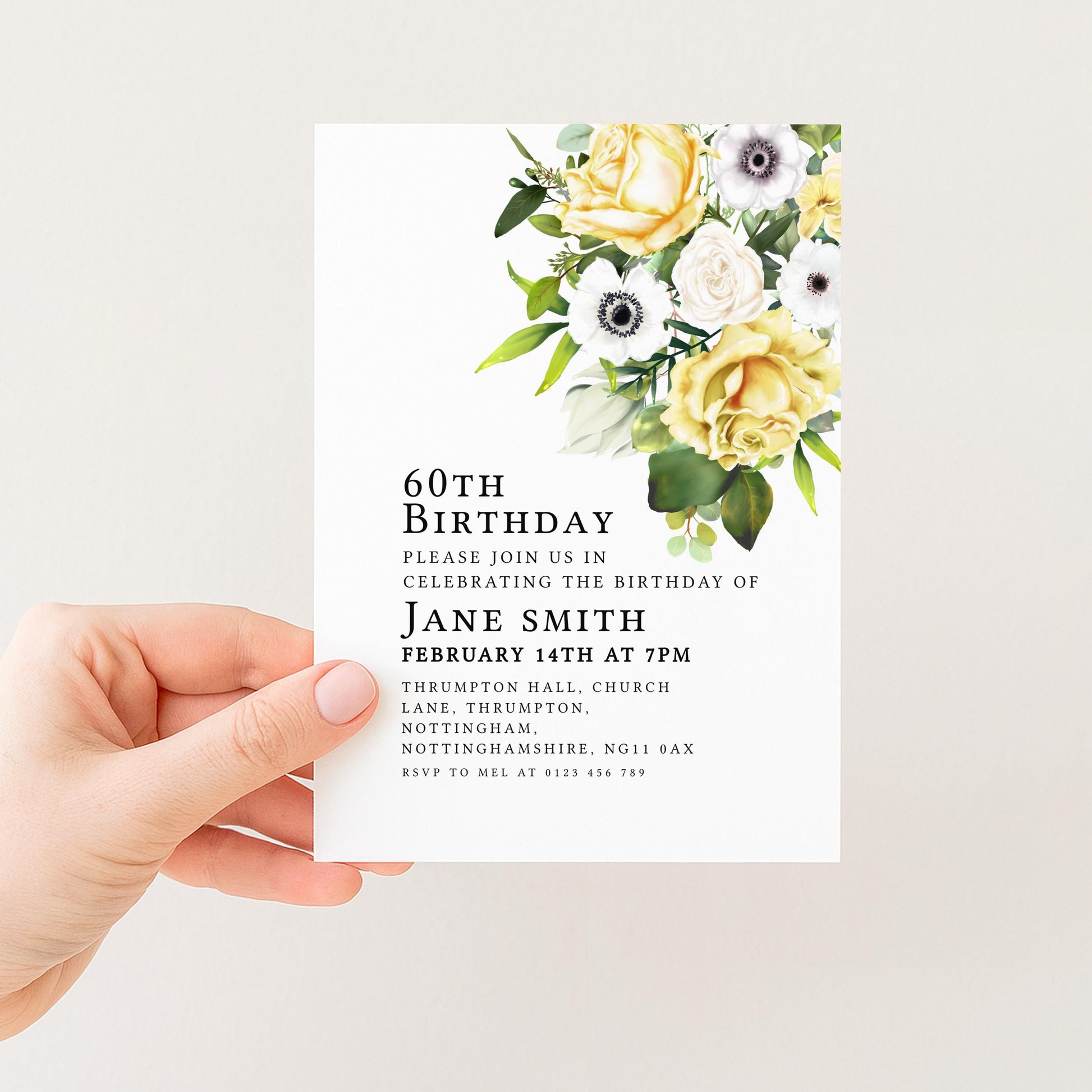 60th Birthday Invitation Yellow and White Flowers Template Editable Summer Invitation Instant Download Printable YW01