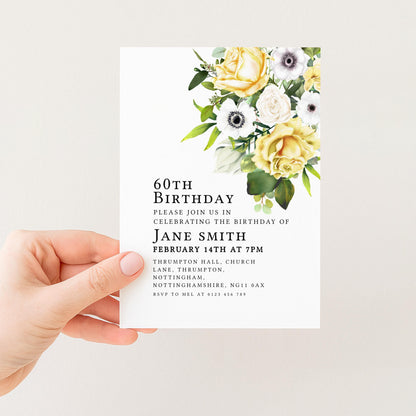 60th Birthday Invitation Yellow and White Flowers Template Editable Summer Invitation Instant Download Printable YW01