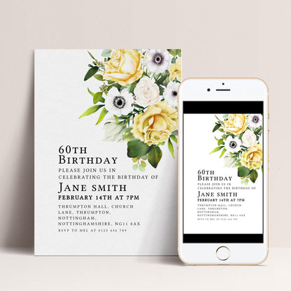 60th Birthday Invitation Yellow and White Flowers Template Editable Summer Invitation Instant Download Printable YW01