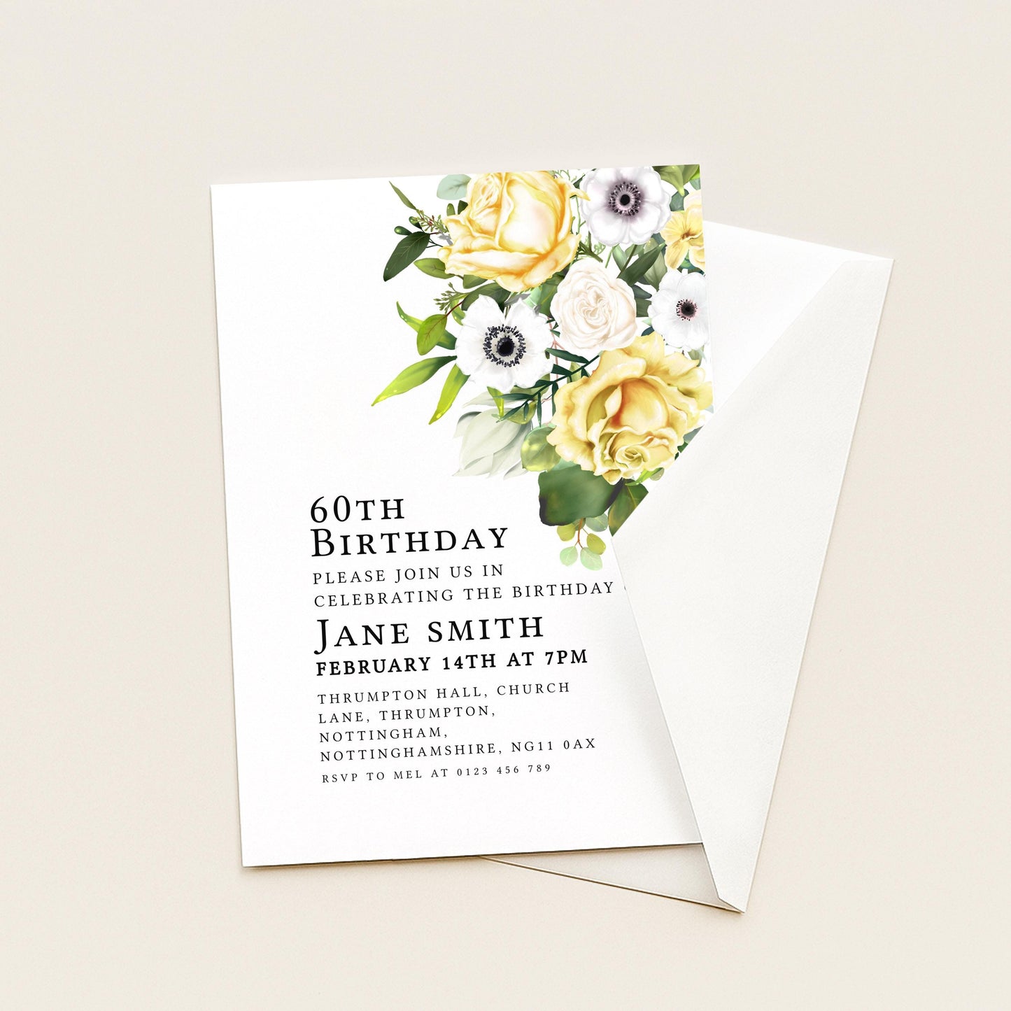 60th Birthday Invitation Yellow and White Flowers Template Editable Summer Invitation Instant Download Printable YW01