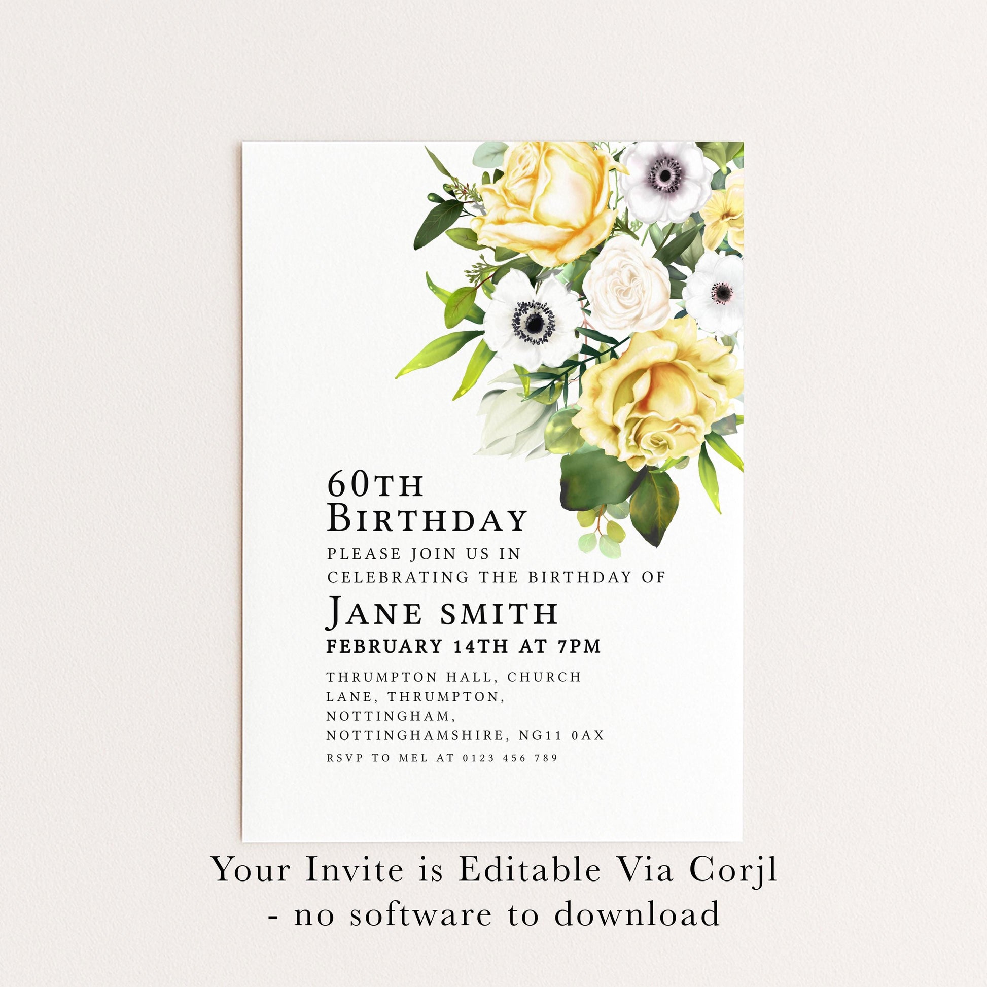 60th Birthday Invitation Yellow and White Flowers Template Editable Summer Invitation Instant Download Printable YW01