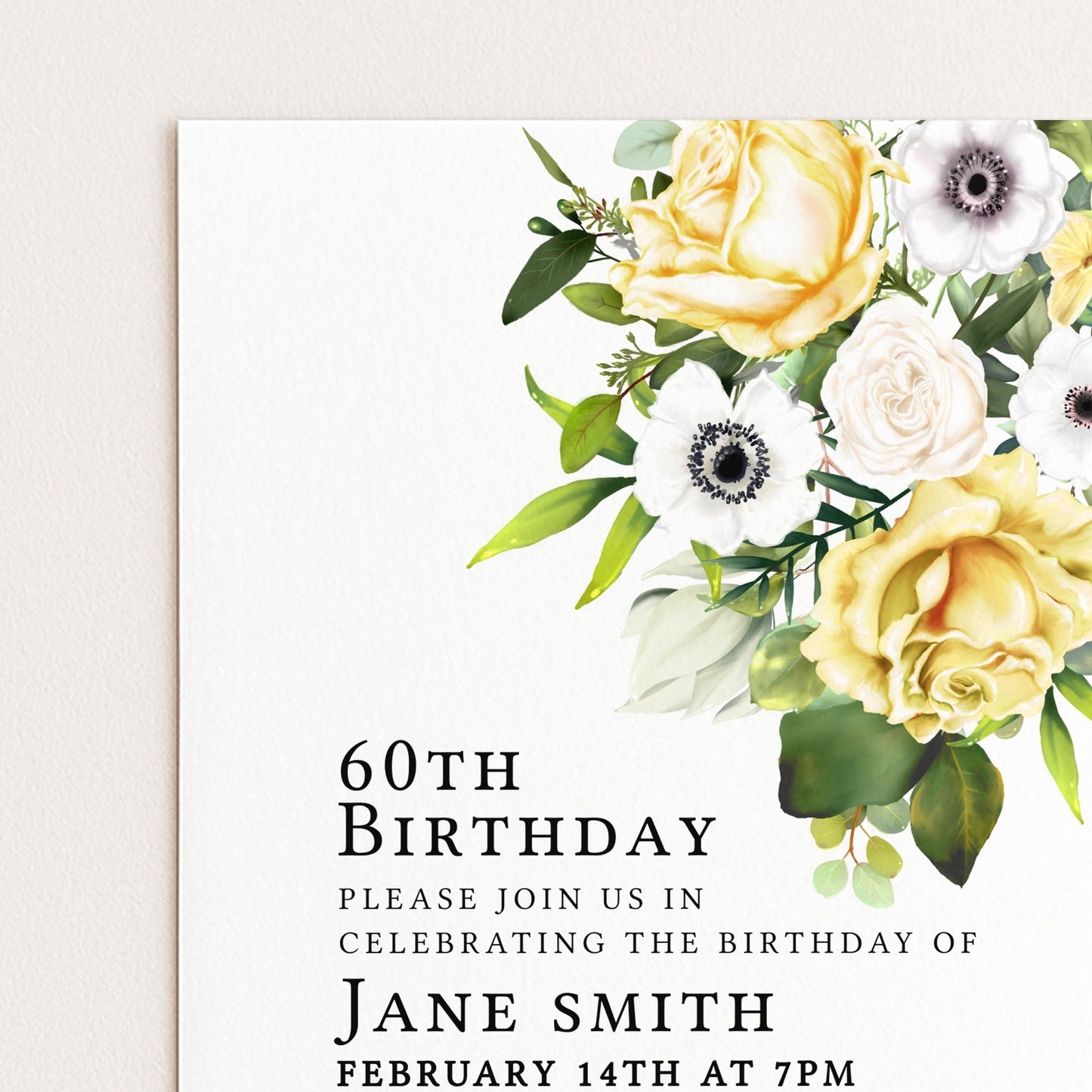 60th Birthday Invitation Yellow and White Flowers Template Editable Summer Invitation Instant Download Printable YW01
