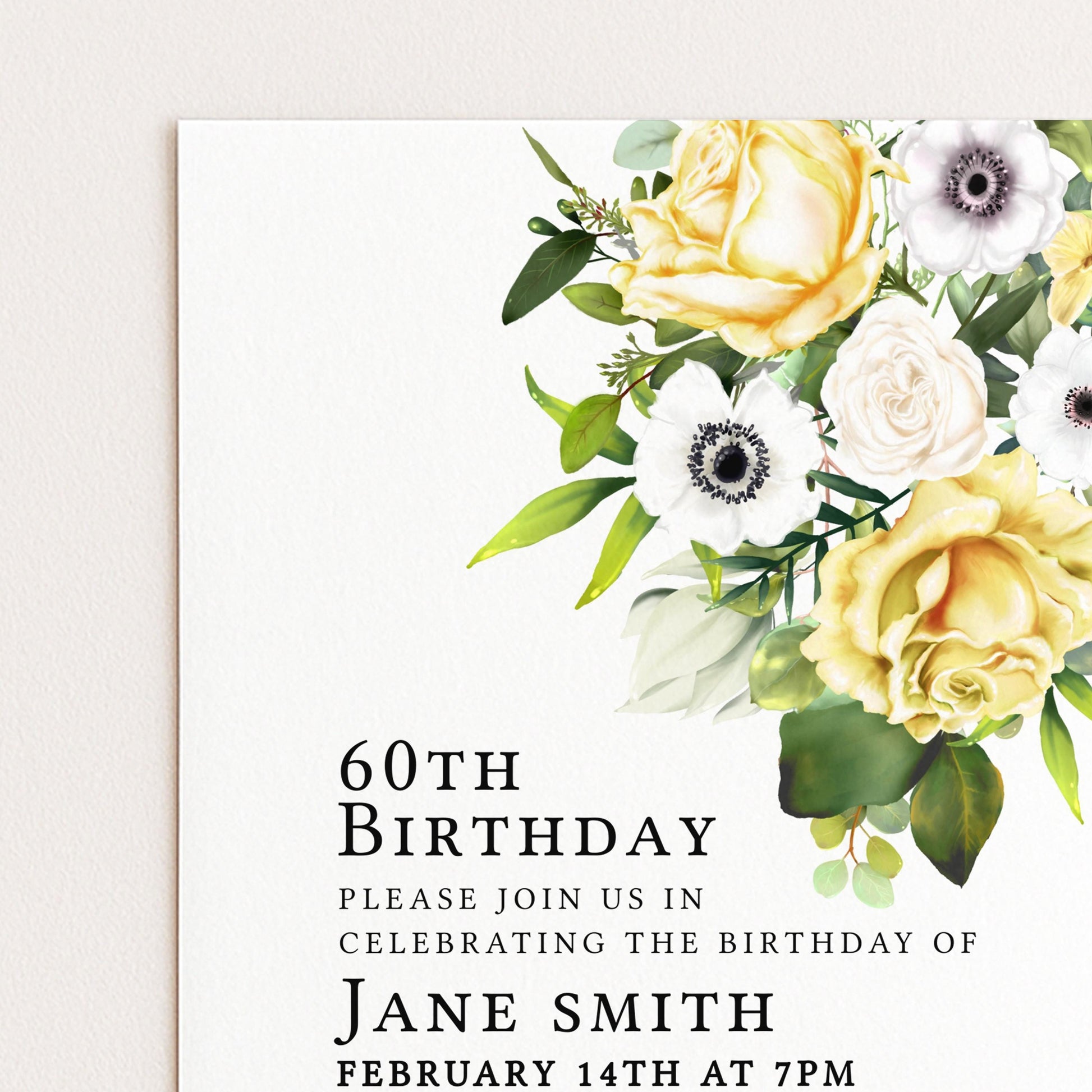 60th Birthday Invitation Yellow and White Flowers Template Editable Summer Invitation Instant Download Printable YW01
