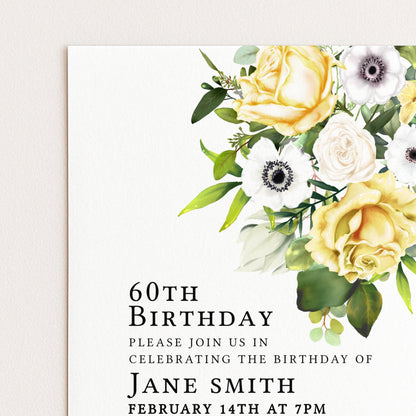 60th Birthday Invitation Yellow and White Flowers Template Editable Summer Invitation Instant Download Printable YW01