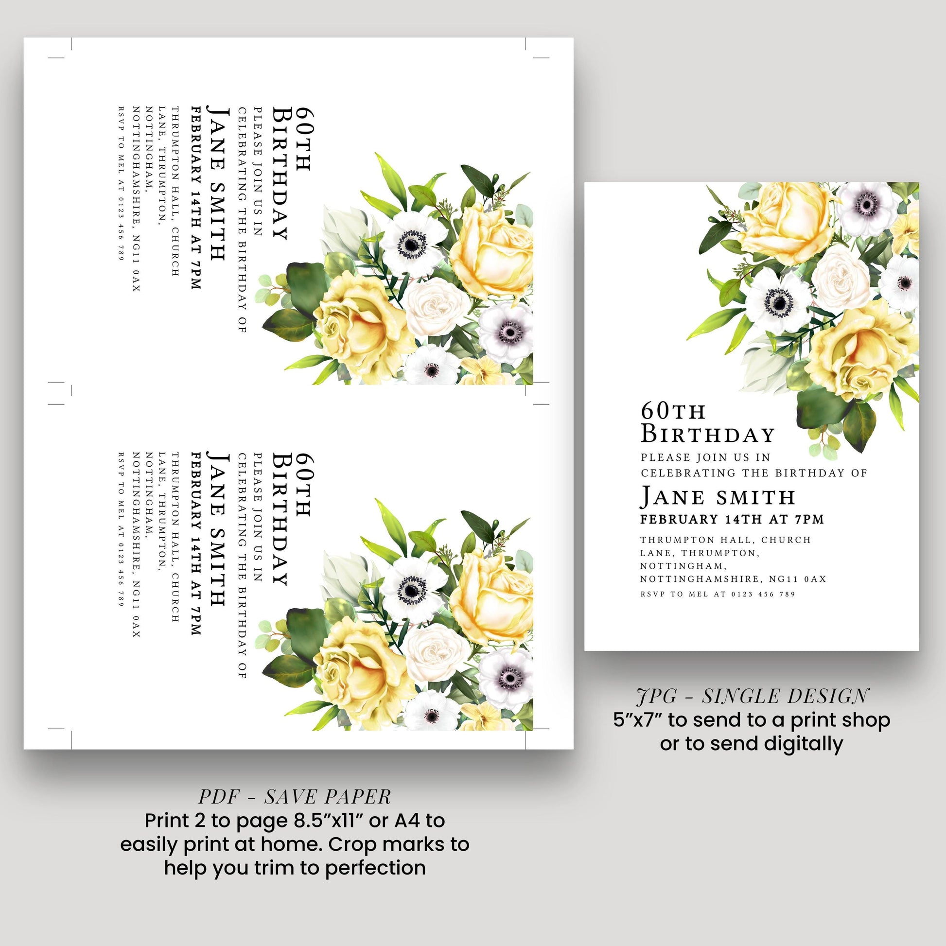 60th Birthday Invitation Yellow and White Flowers Template Editable Summer Invitation Instant Download Printable YW01