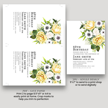 60th Birthday Invitation Yellow and White Flowers Template Editable Summer Invitation Instant Download Printable YW01