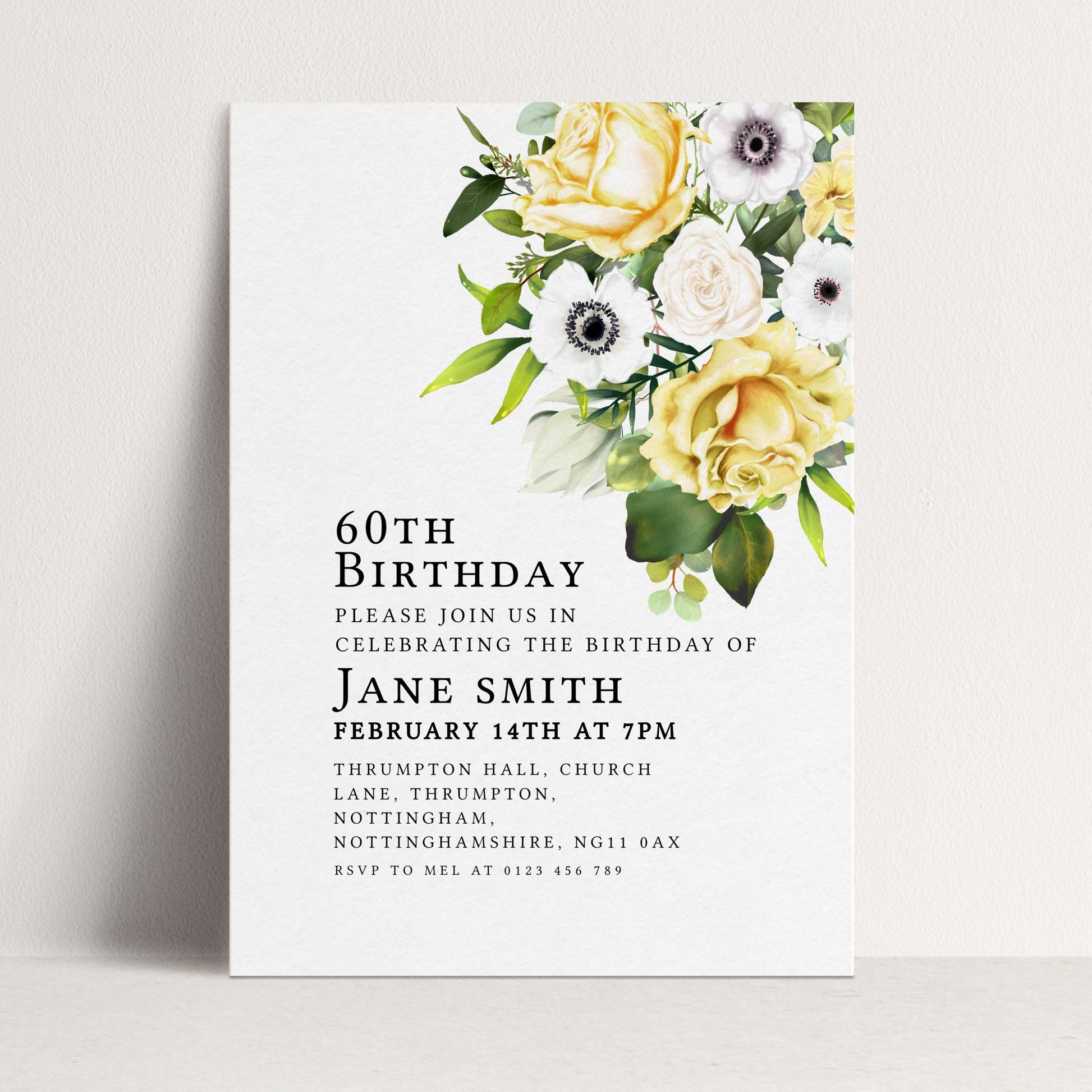60th Birthday Invitation Yellow and White Flowers Template Editable Summer Invitation Instant Download Printable YW01